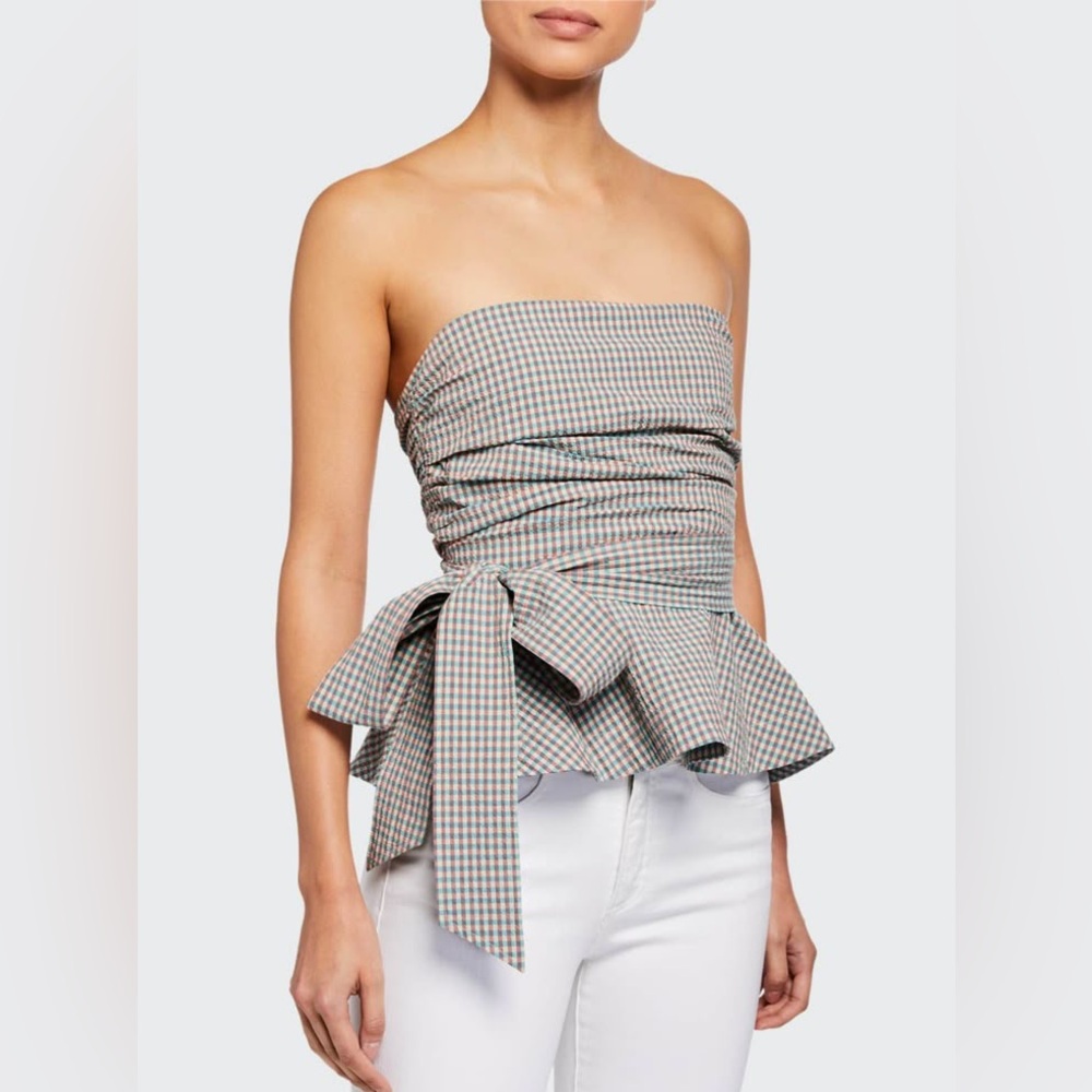 Veronica Beard Strapless Gingham Peplum Top in Navy and Tan